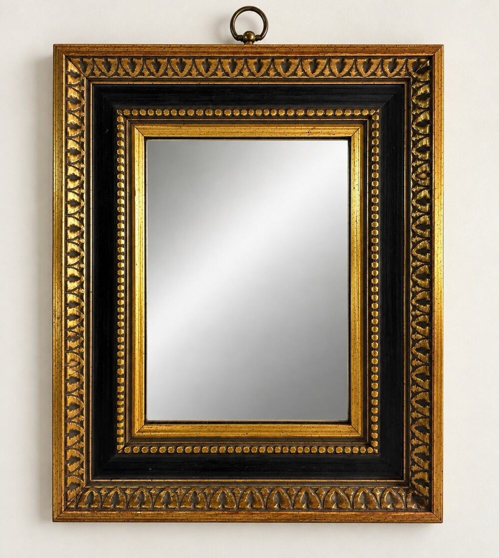 Vintage Black Gold Ornate Wall Mirror Hollywood Regency 12.5x14.5 Ring Top
